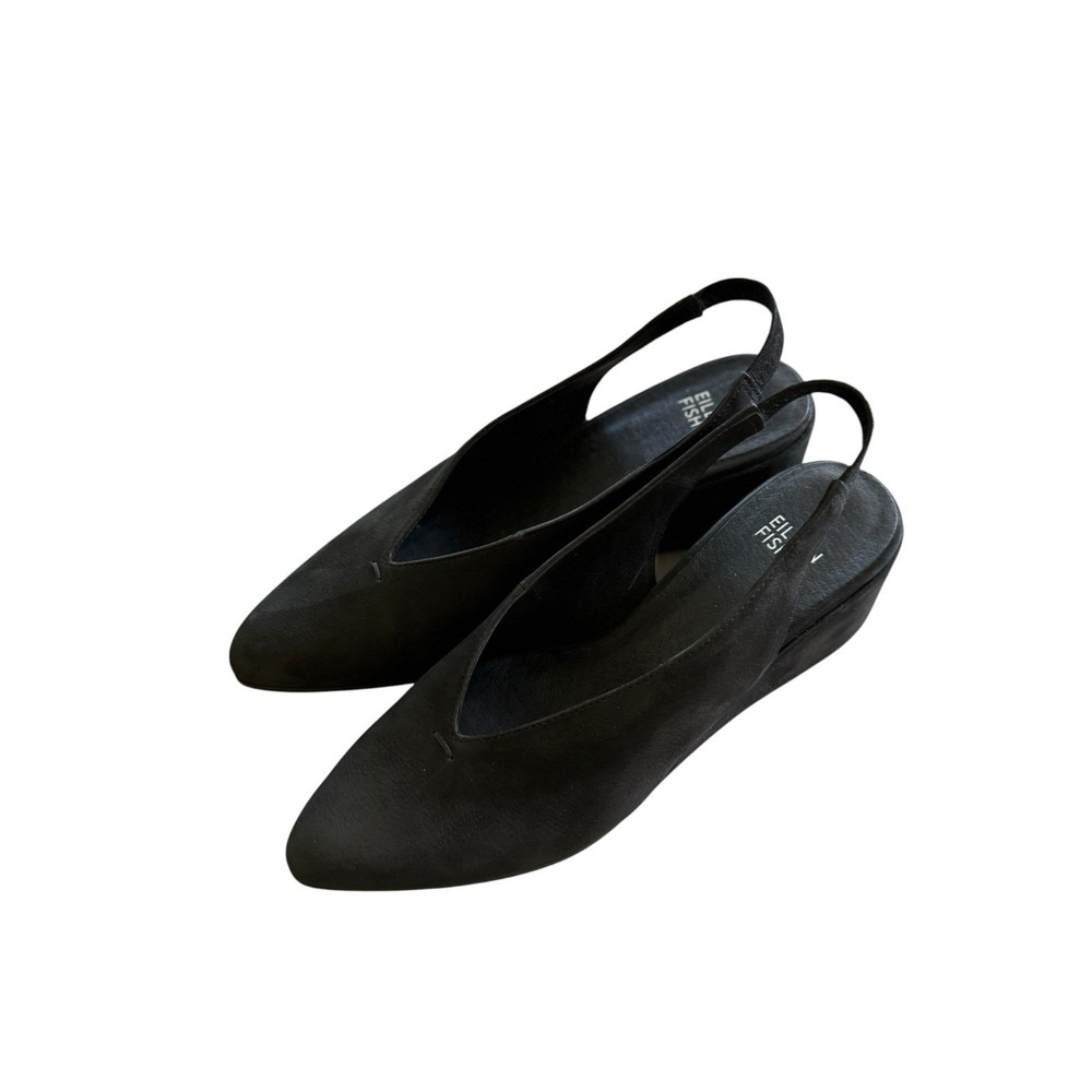 Eileen‎ Fisher Devi Tumbled Nubuck Wedge Slingbacks Black Leather Comfort Size 7